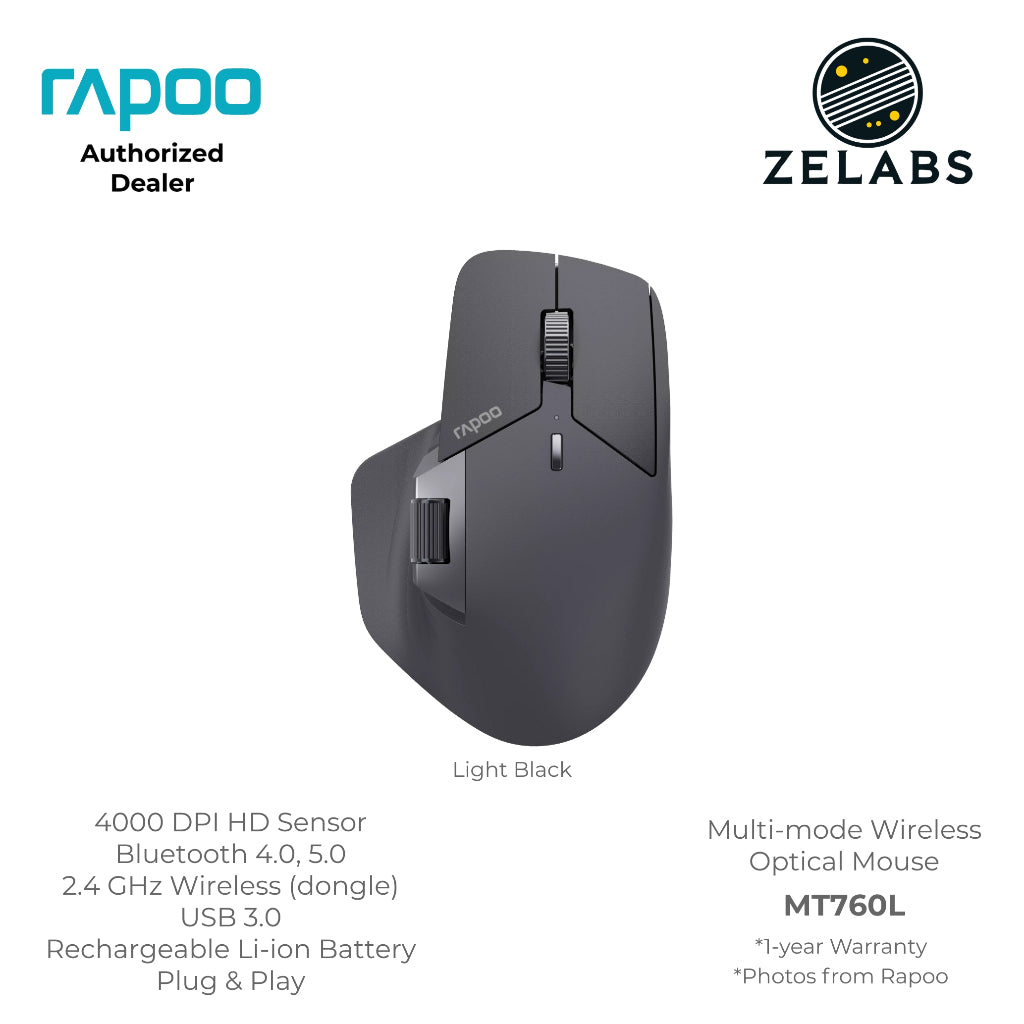 Rapoo MT760L Multi-Mode Rechargeable Bluetooth Wireless Optical Mouse - Adjustable DPI - Plug & Play