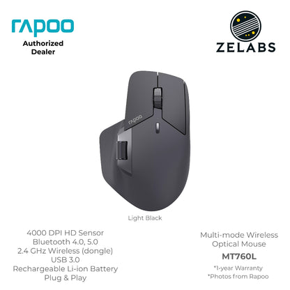 Rapoo MT760L Multi-Mode Rechargeable Bluetooth Wireless Optical Mouse - Adjustable DPI - Plug & Play