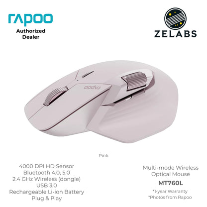 Rapoo MT760L Multi-Mode Rechargeable Bluetooth Wireless Optical Mouse - Adjustable DPI - Plug & Play