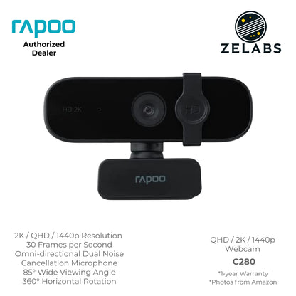 Rapoo C280 QHD / 2K / 1440P Webcam (Computer Camera) with Privacy Cover - USB 2.0 - Plug and Play