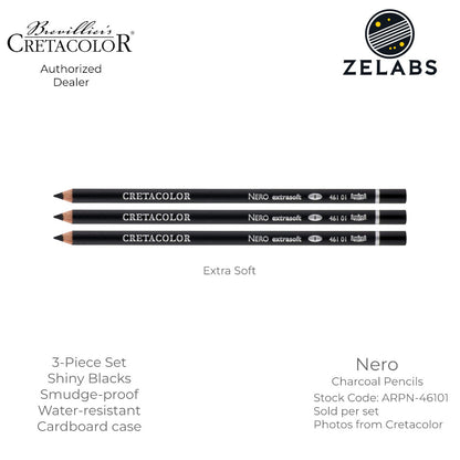 Cretacolor Nero Charcoal Artist Pencils (3-Piece Set) - ARPN-461 - Extra Soft | Soft | Medium
