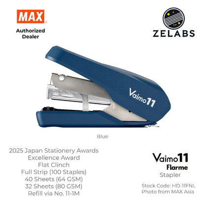 MAX Vaimo 11 Flarme HD-11FNL Desk Stapler - Tip-Curved Flat Clinch Stapler (Refill by No.11 Staples)
