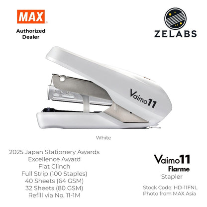 MAX Vaimo 11 Flarme HD-11FNL Desk Stapler - Tip-Curved Flat Clinch Stapler (Refill by No.11 Staples)