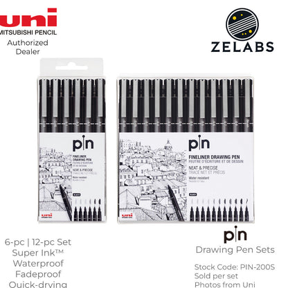 Uni Pin Fineliner Drawing Pen Set (6-pc | 12-pc) - PIN-200S-6P | PIN-200S-12P