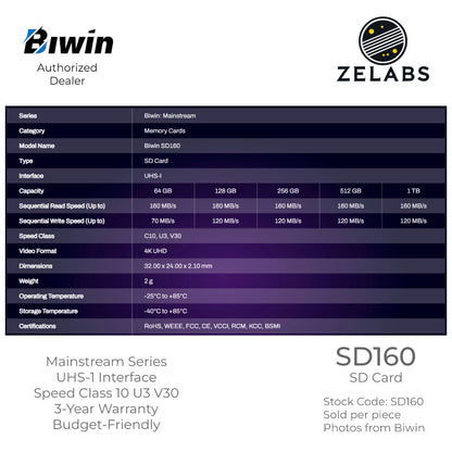 Biwin SD160 SD Card - UHS-I | C10 | U3 | V30 - 128 GB | 256 GB | 512 GB | 1TB