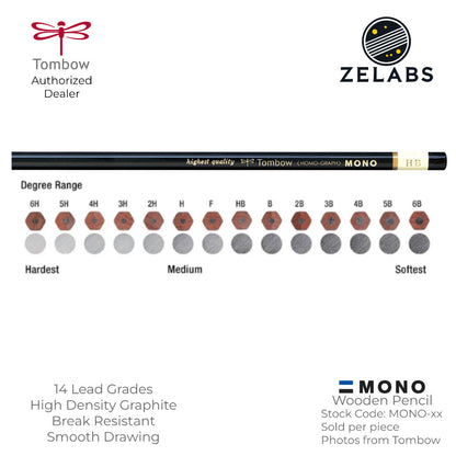 Tombow MONO Homo-Graph Drawing Wooden Pencil - 14 Lead Grades - MONO - 6H to 6B