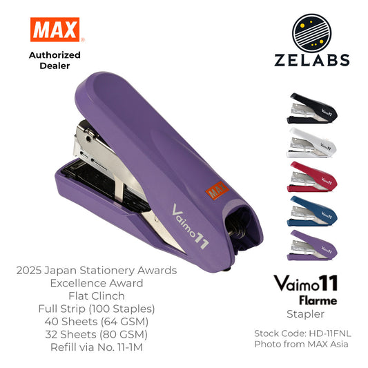 MAX Vaimo 11 Flarme HD-11FNL Desk Stapler - Tip-Curved Flat Clinch Stapler (Refill by No.11 Staples)