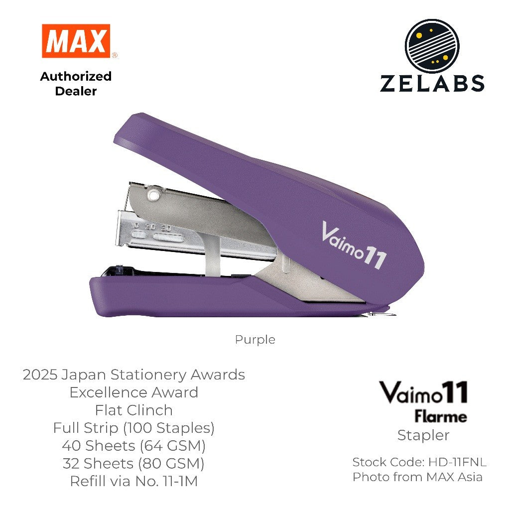 MAX Vaimo 11 Flarme HD-11FNL Desk Stapler - Tip-Curved Flat Clinch Stapler (Refill by No.11 Staples)