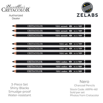 Cretacolor Nero Charcoal Artist Pencils (3-Piece Set) - ARPN-461 - Extra Soft | Soft | Medium