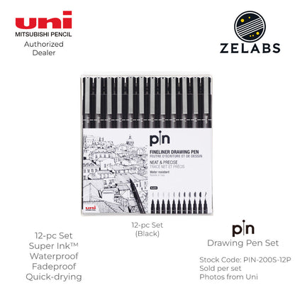 Uni Pin Fineliner Drawing Pen Set (6-pc | 12-pc) - PIN-200S-6P | PIN-200S-12P