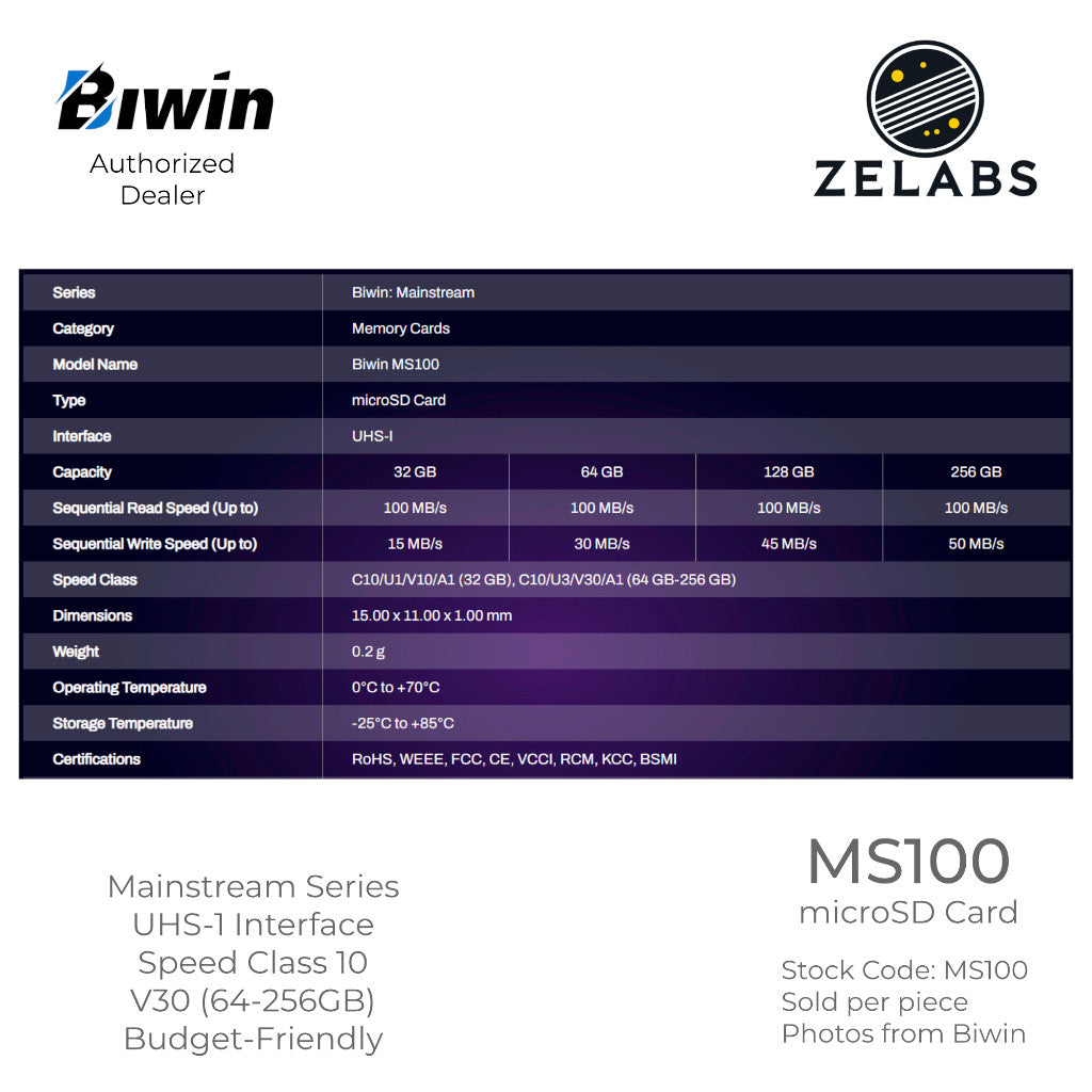 Biwin MS100 microSD Card - UHS-I | C10 | U3 | V30 | A1 - 64GB | 128 GB | 256 GB