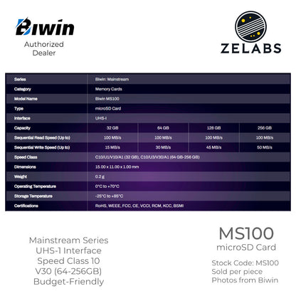 Biwin MS100 microSD Card - UHS-I | C10 | U3 | V30 | A1 - 64GB | 128 GB | 256 GB