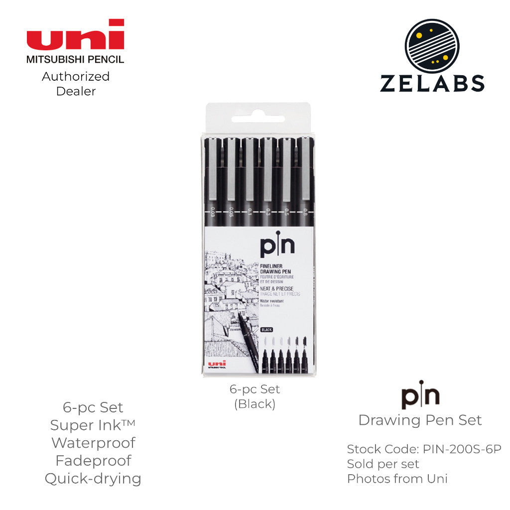 Uni Pin Fineliner Drawing Pen Set (6-pc | 12-pc) - PIN-200S-6P | PIN-200S-12P
